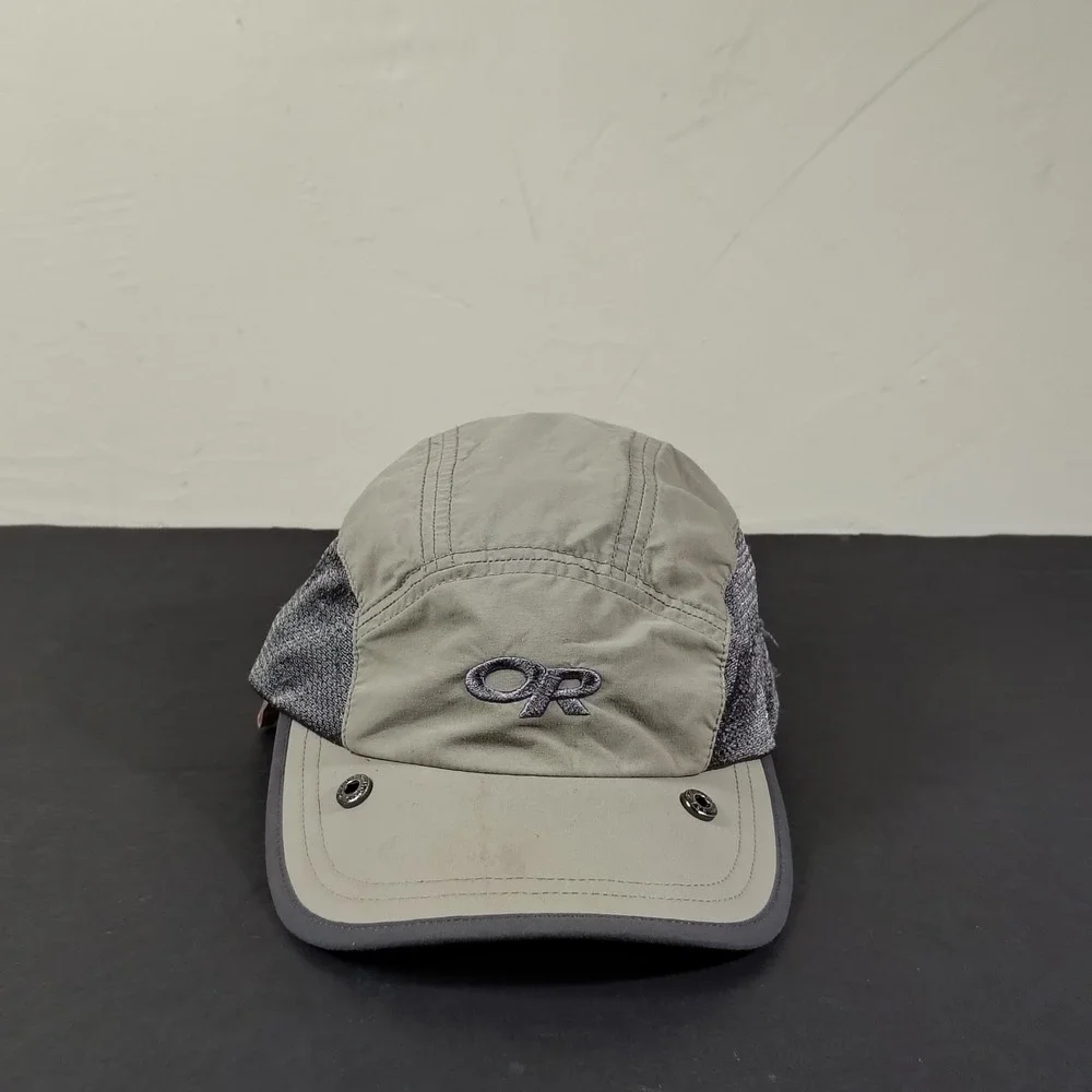 Outdoor Research Hat Cap Adjustable Strap Gray Tan Nylon Panel Mesh Hiking